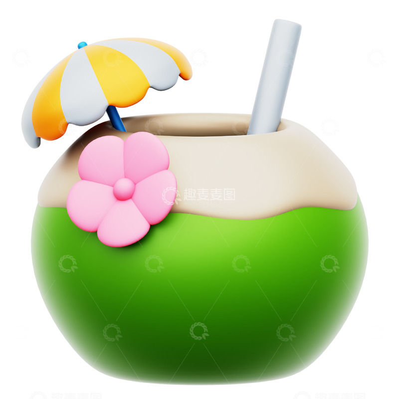 高清大图下载【趣麦麦图】椰子饮品3D卡通图标免抠透明png素材3