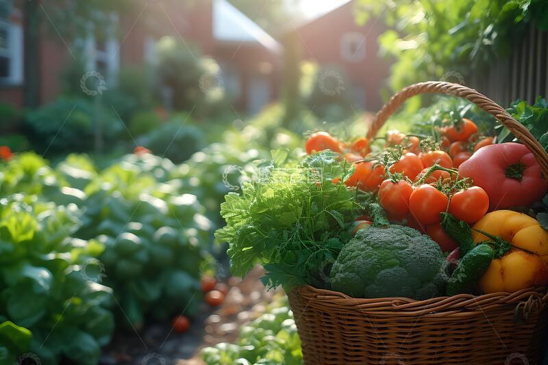 高清大图下载【趣麦麦图】一篮子新鲜采摘的农产品在自家的城市花园