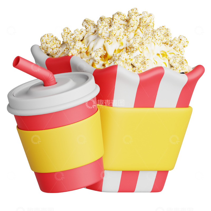 高清大图下载【趣麦麦图】爆米花苏打饮品3D卡通图标透明png素材