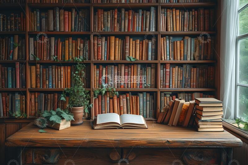 高清大图下载【趣麦麦图】一排书和木桌上的相框