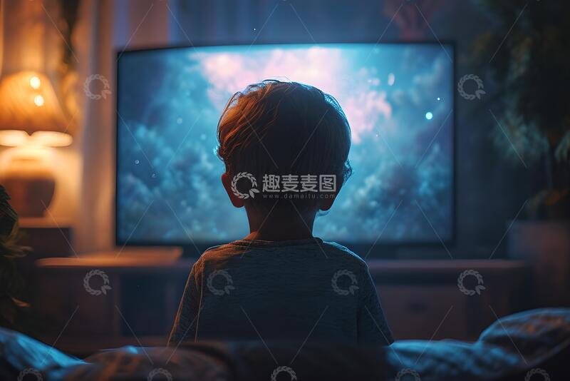 高清大图下载【趣麦麦图】一个坐在电视机前的孩子的后视图1