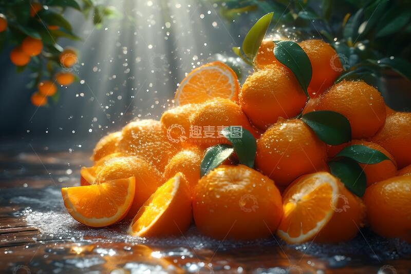 高清大图下载【趣麦麦图】一半橘子放在那堆橘子上1