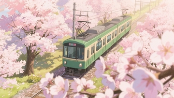 春天穿过樱花林的电车