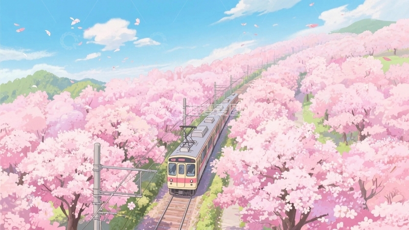 高清大图下载【趣麦麦图】春天穿过樱花林的电车9