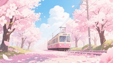 春天穿过樱花林的电车3
