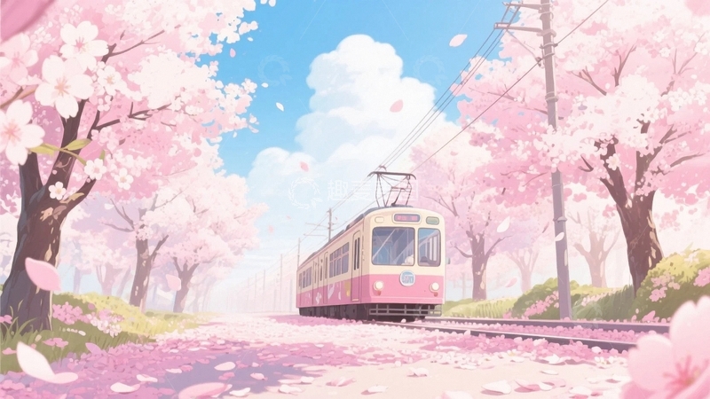 高清大图下载【趣麦麦图】春天穿过樱花林的电车3