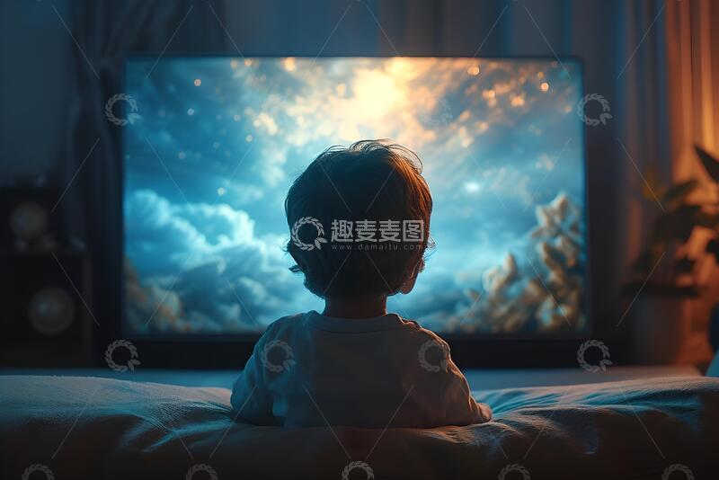 高清大图下载【趣麦麦图】一个坐在电视机前的孩子的后视图2