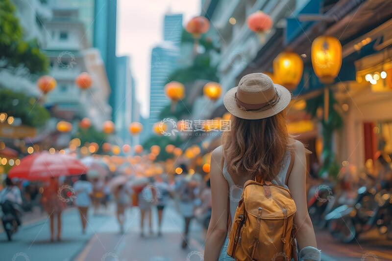 高清大图下载【趣麦麦图】一名女游客在新加坡街头旅游