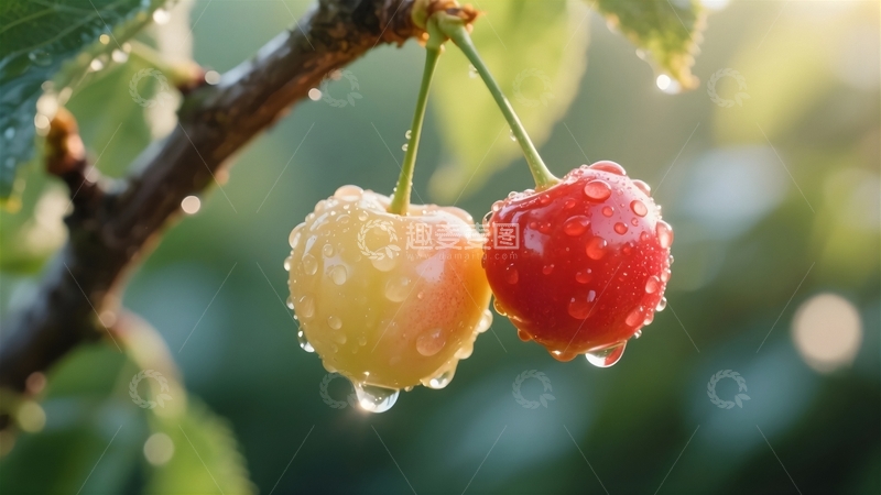 高清大图下载【趣麦麦图】雨后挂在枝头的樱桃2