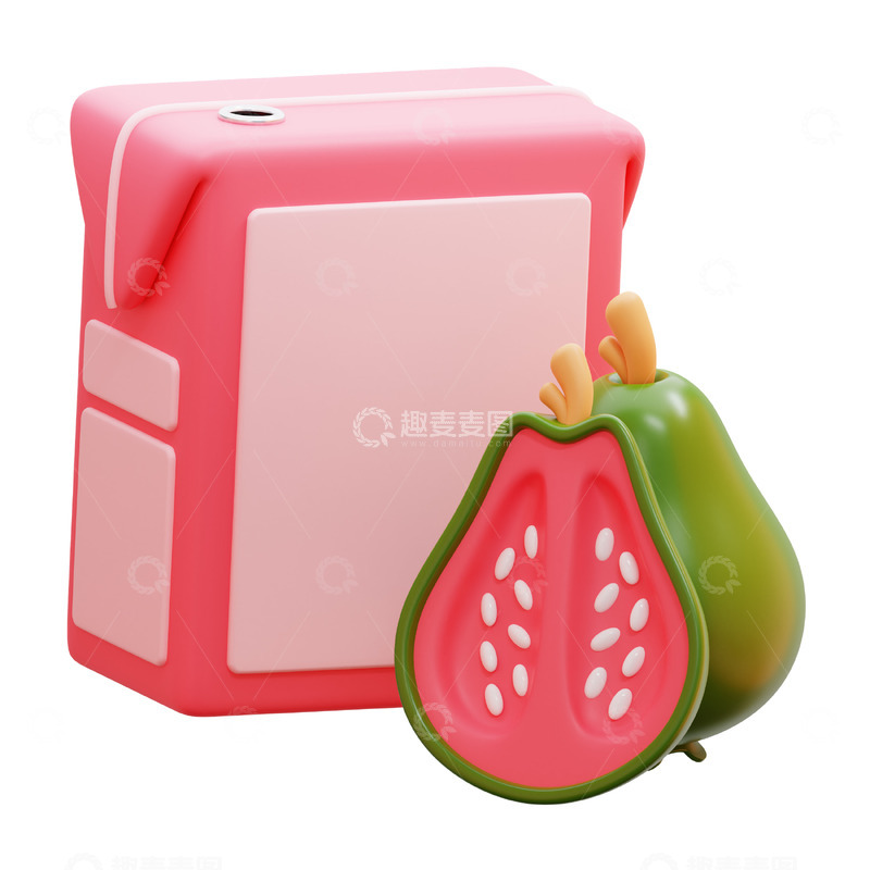 高清大图下载【趣麦麦图】番石榴汁盒3D卡通图标免抠透明png素材