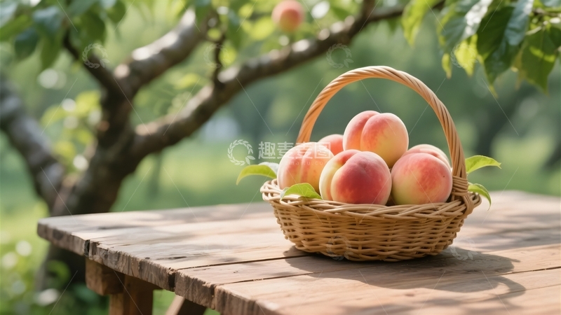高清大图下载【趣麦麦图】桃树下桌子上的鲜桃果篮3