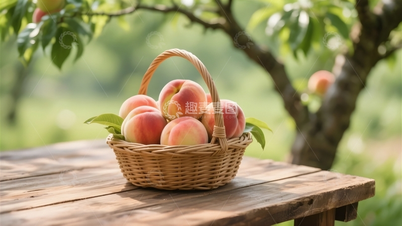 高清大图下载【趣麦麦图】桃树下桌子上的鲜桃果篮2