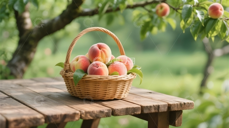 高清大图下载【趣麦麦图】桃树下桌子上的鲜桃果篮1