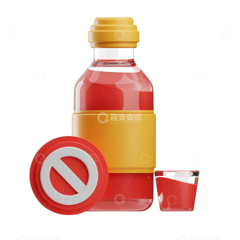 高清大图下载【趣麦麦图】玻璃杯警示标志的果汁瓶3D图标png素材