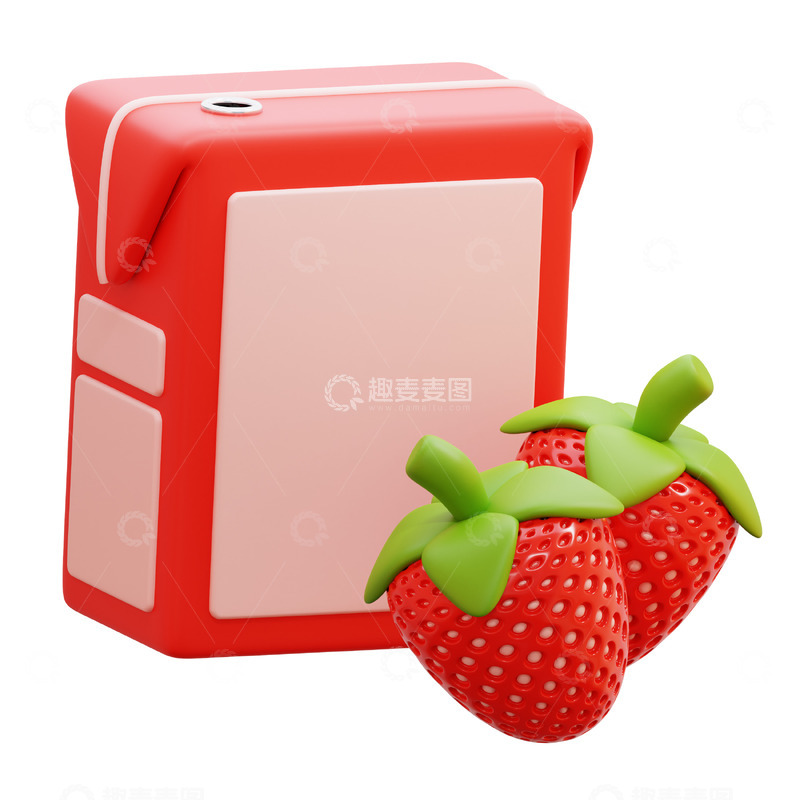 高清大图下载【趣麦麦图】草莓汁盒3D卡通图标免抠透明png素材1