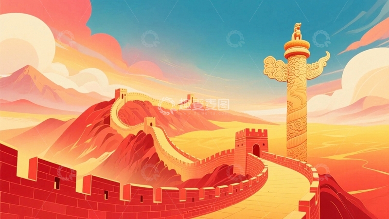 高清大图下载【趣麦麦图】国潮插画艺术插画长城3