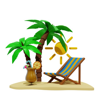 棕榈树沙滩椅和橙汁3D图标透明png素材