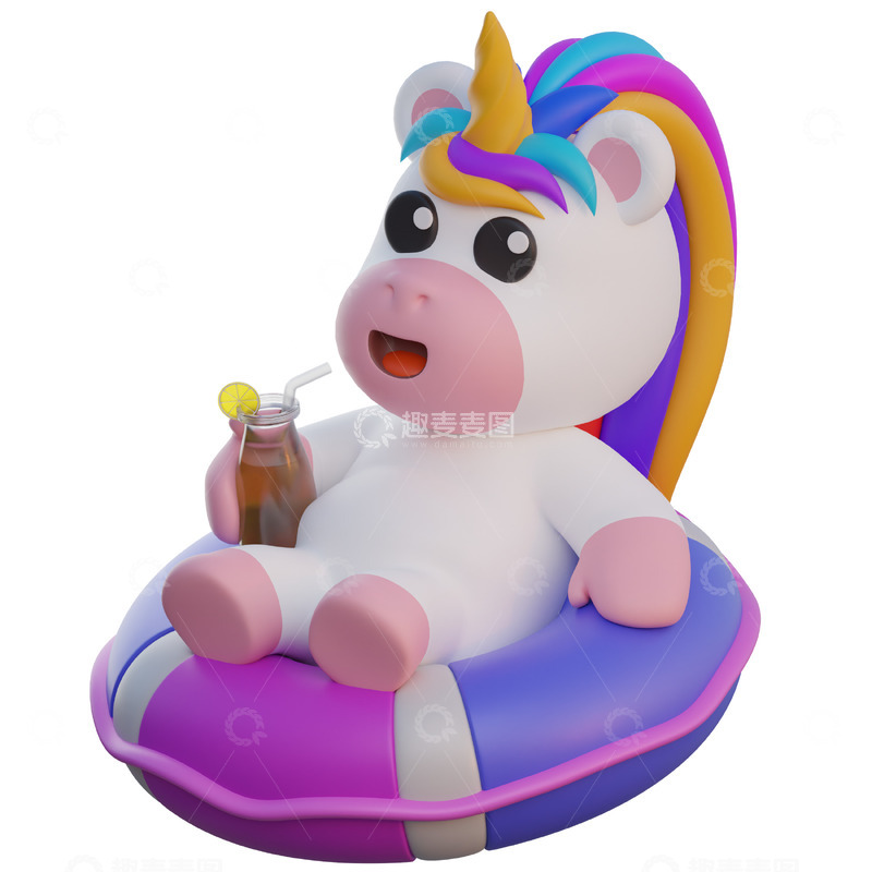 高清大图下载【趣麦麦图】独角兽在救生圈上喝果汁3D插画png素材