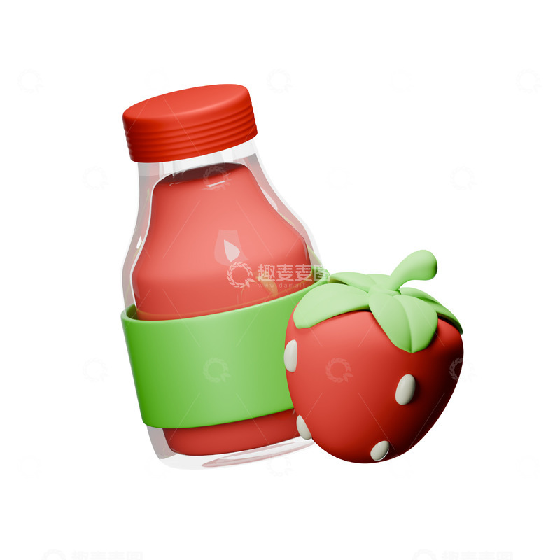 高清大图下载【趣麦麦图】草莓汁瓶3D卡通图标免抠透明png素材