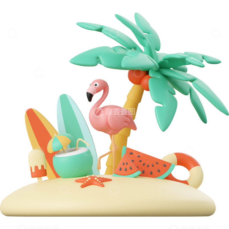 高清大图下载【趣麦麦图】火烈鸟3D卡通插画免抠透明png图片素材