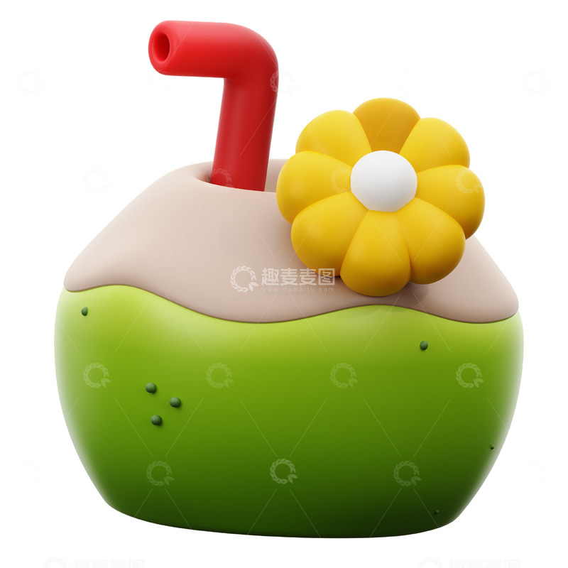 高清大图下载【趣麦麦图】椰子水3D卡通图标免抠透明png图片素材2