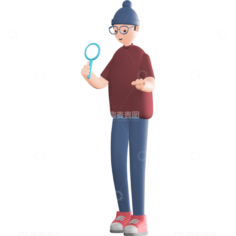 高清大图下载【趣麦麦图】手持放大镜的男人3D插画透明png素材