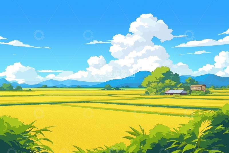 高清大图下载【趣麦麦图】卡通简约稻田插画