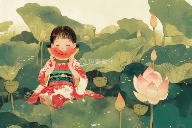 高清大图下载【趣麦麦图】卡通简约坐在荷塘里吃西瓜的女孩