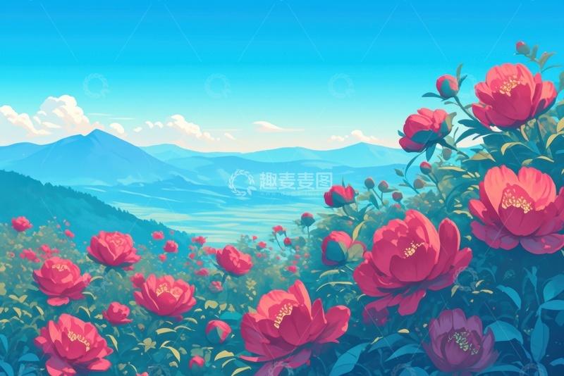 高清大图下载【趣麦麦图】红色牡丹花植物边框背景