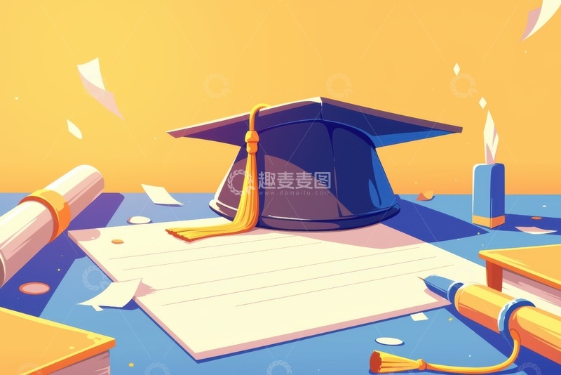高清大图下载【趣麦麦图】卡通简约学士帽和毕业证书