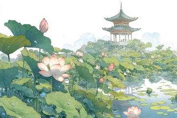 手绘荷塘凉亭美景