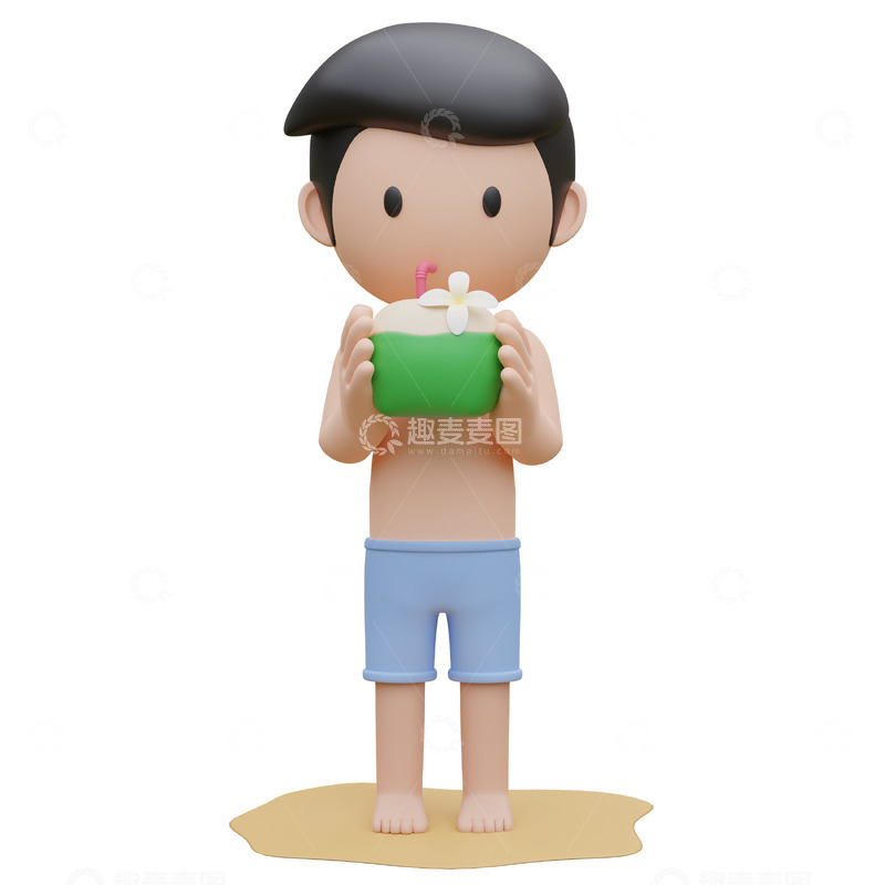 高清大图下载【趣麦麦图】在海滩上拿着菠萝的可爱男孩插画png素材1