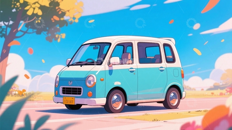 高清大图下载【趣麦麦图】日漫风格行驶在路上的小汽车4