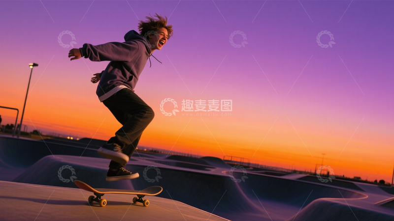 高清大图下载【趣麦麦图】日落滑板青春活力