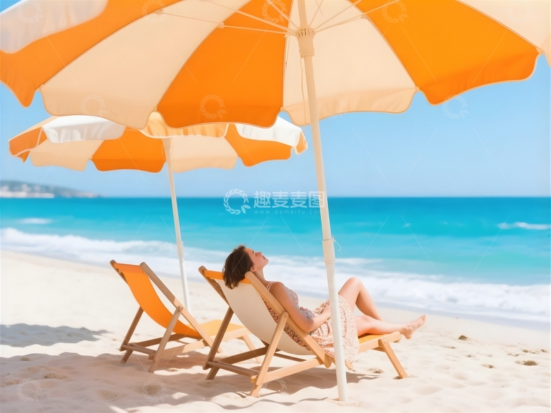 高清大图下载【趣麦麦图】海边遮阳伞下的女孩2
