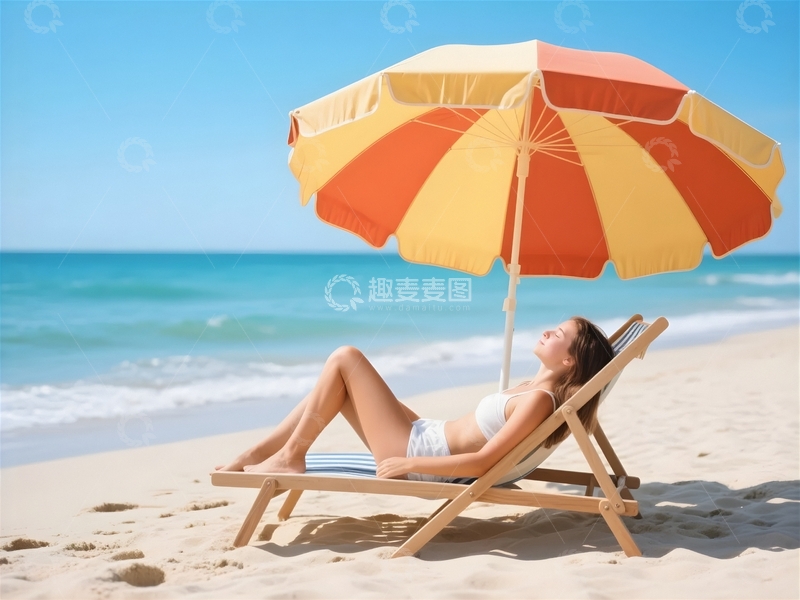 高清大图下载【趣麦麦图】海边遮阳伞下的女孩3