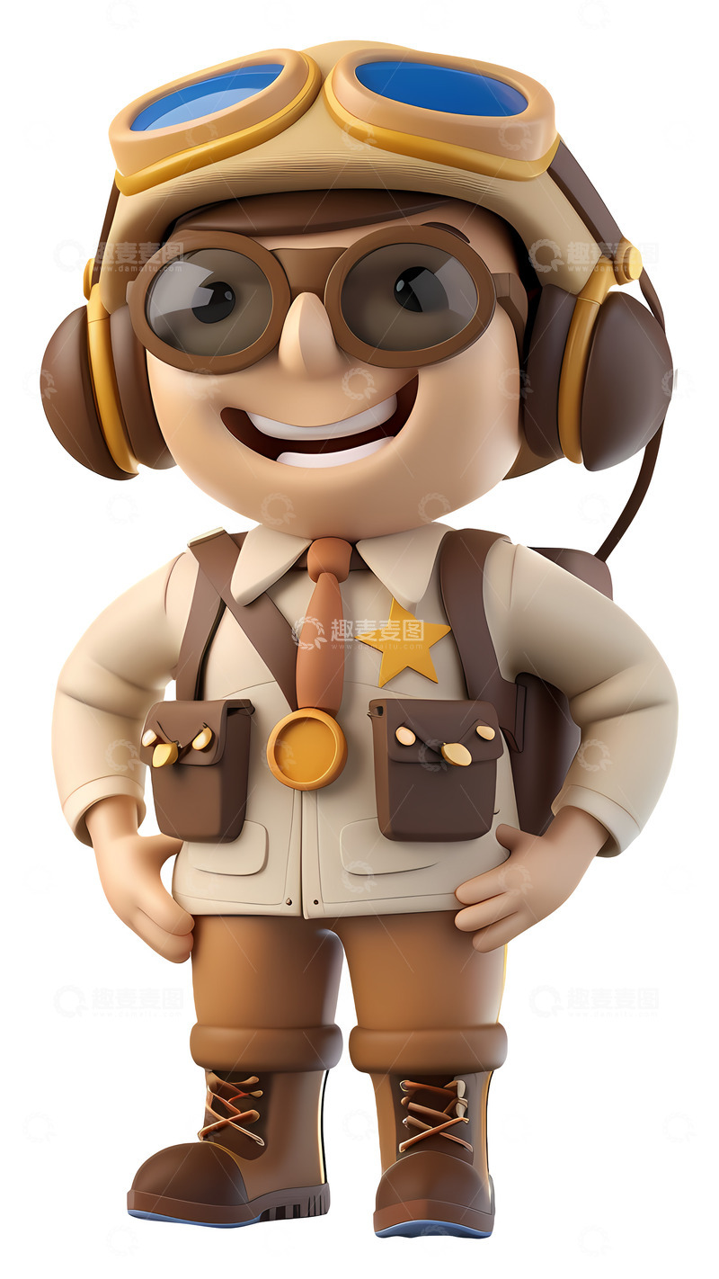 高清大图下载【趣麦麦图】穿着制服的飞行员3D卡通插画png素材