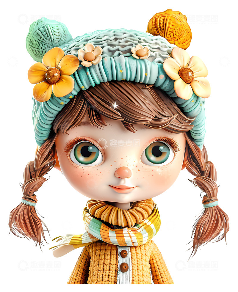 高清大图下载【趣麦麦图】戴帽子和花朵的可爱女孩3D插画png素材