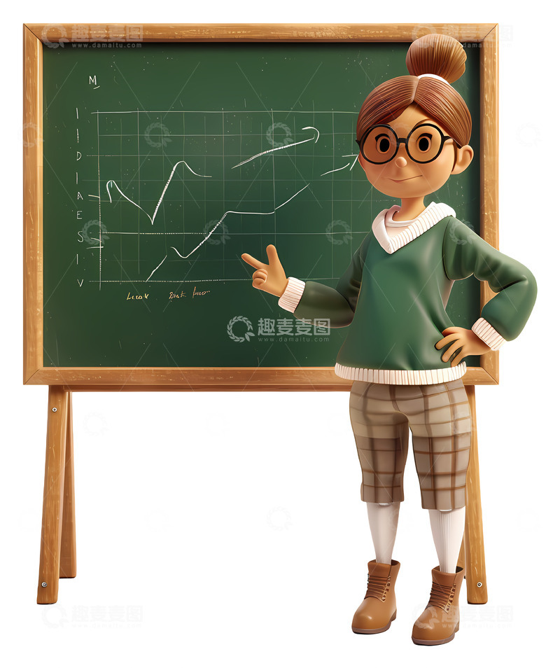 高清大图下载【趣麦麦图】在黑板上展示数据的女性3D插画png素材
