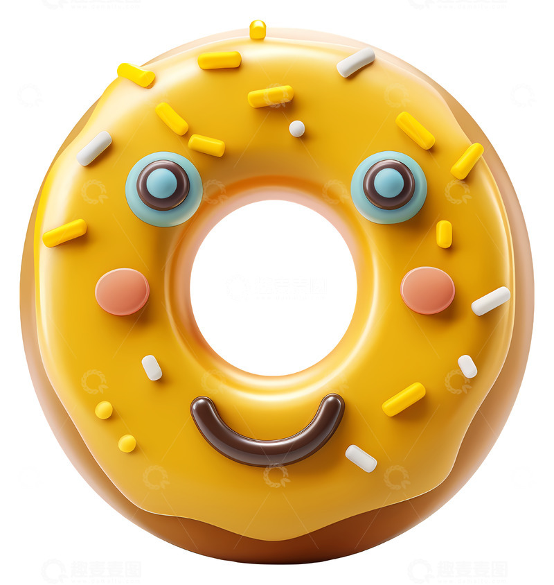 高清大图下载【趣麦麦图】彩色糖屑的微笑甜甜圈3D插画png素材