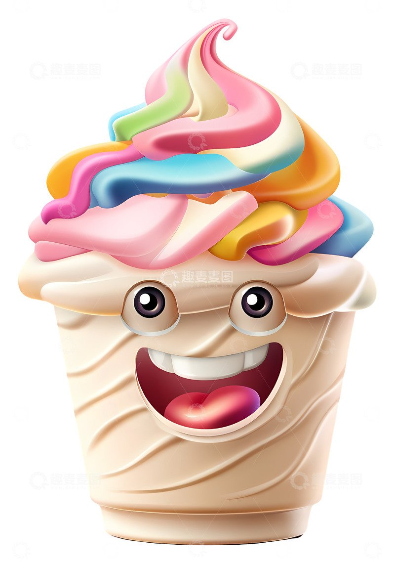 高清大图下载【趣麦麦图】快乐的彩虹冰淇淋甜筒3D插画png素材