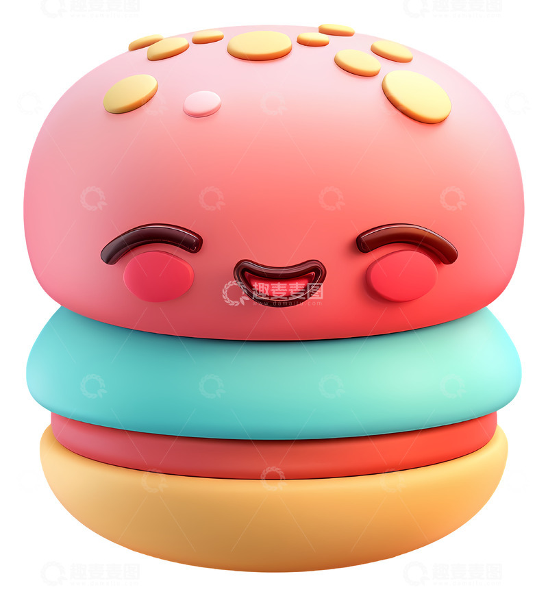 高清大图下载【趣麦麦图】可爱的微笑汉堡3D插画免抠透明png素材