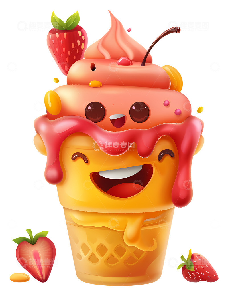 高清大图下载【趣麦麦图】可爱的草莓冰淇淋甜筒3D插画png素材