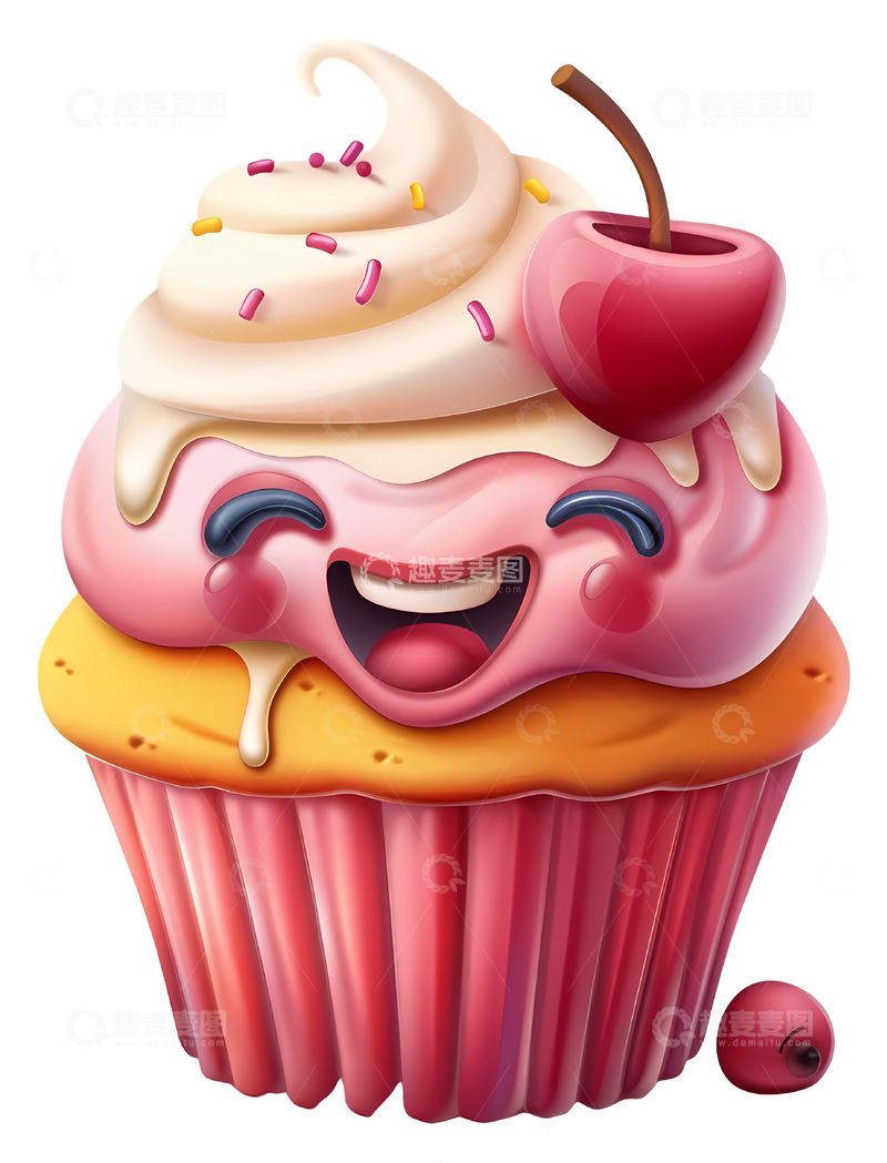 高清大图下载【趣麦麦图】樱桃装饰的快乐纸杯蛋糕3D插画png素材