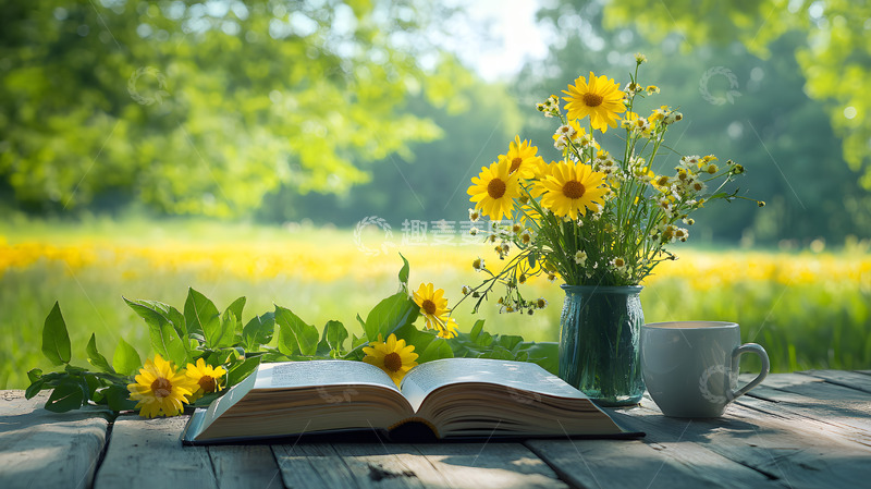 高清大图下载【趣麦麦图】小雏菊杯具与书本文艺风摆拍2