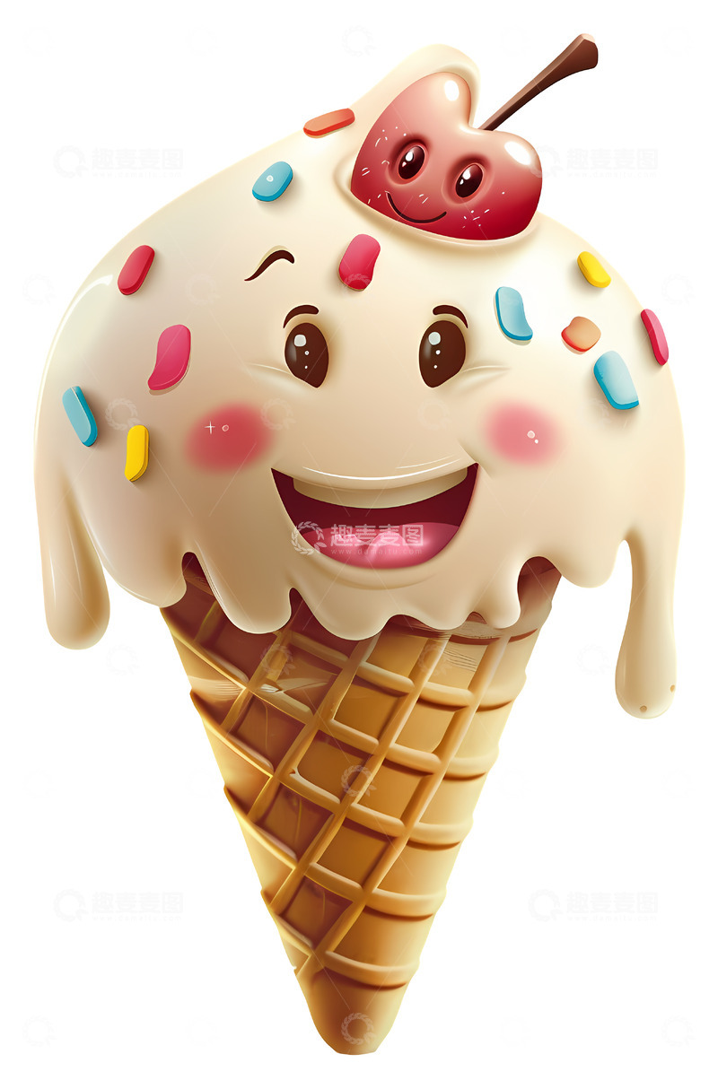 高清大图下载【趣麦麦图】樱桃和糖屑的冰淇淋甜筒3D插画png素材