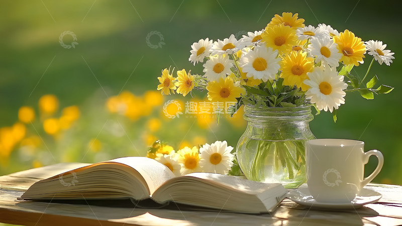 高清大图下载【趣麦麦图】小雏菊杯具与书本文艺风摆拍1