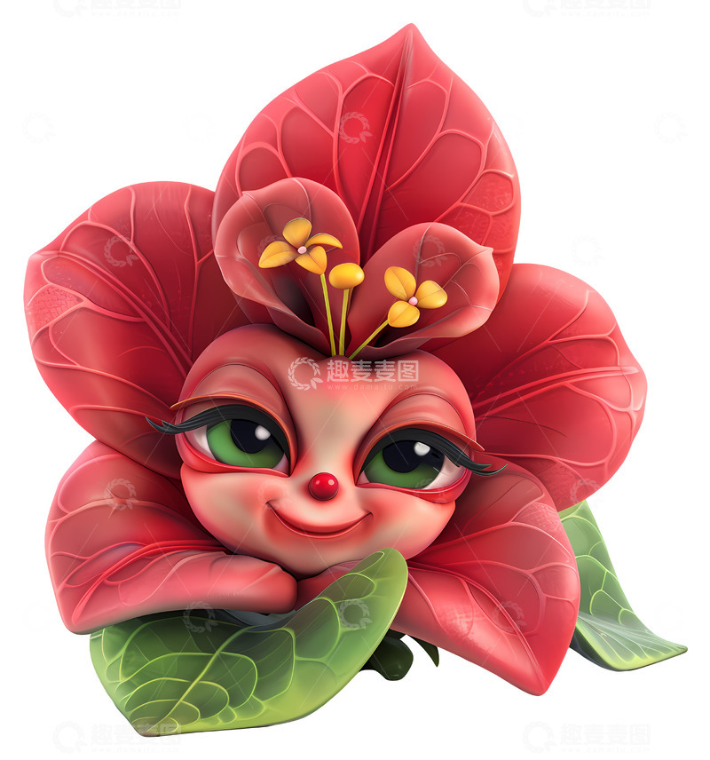 高清大图下载【趣麦麦图】微笑的红色花朵3D插画免抠透明png素材