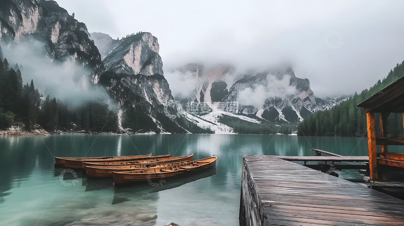 高清大图下载【趣麦麦图】北欧冰山下的湖泊小船1