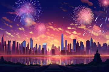 手绘城市边框烟花夜景